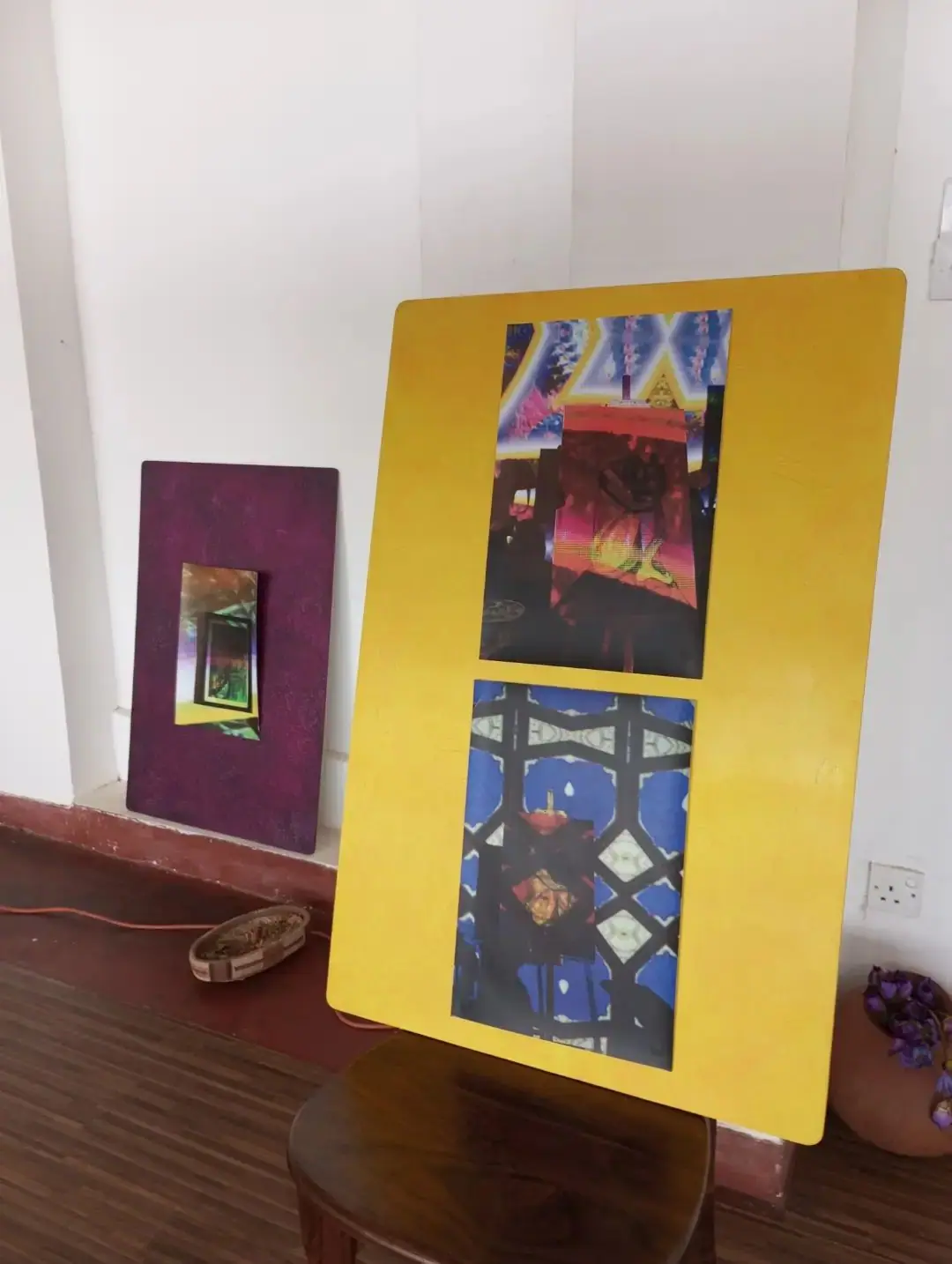 Two colour prints mounted on a yellow board